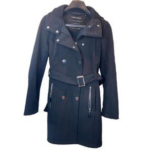 Calvin Klein Women's Hooded Trench Coat Long Sleeves Pockets Blue Size Small